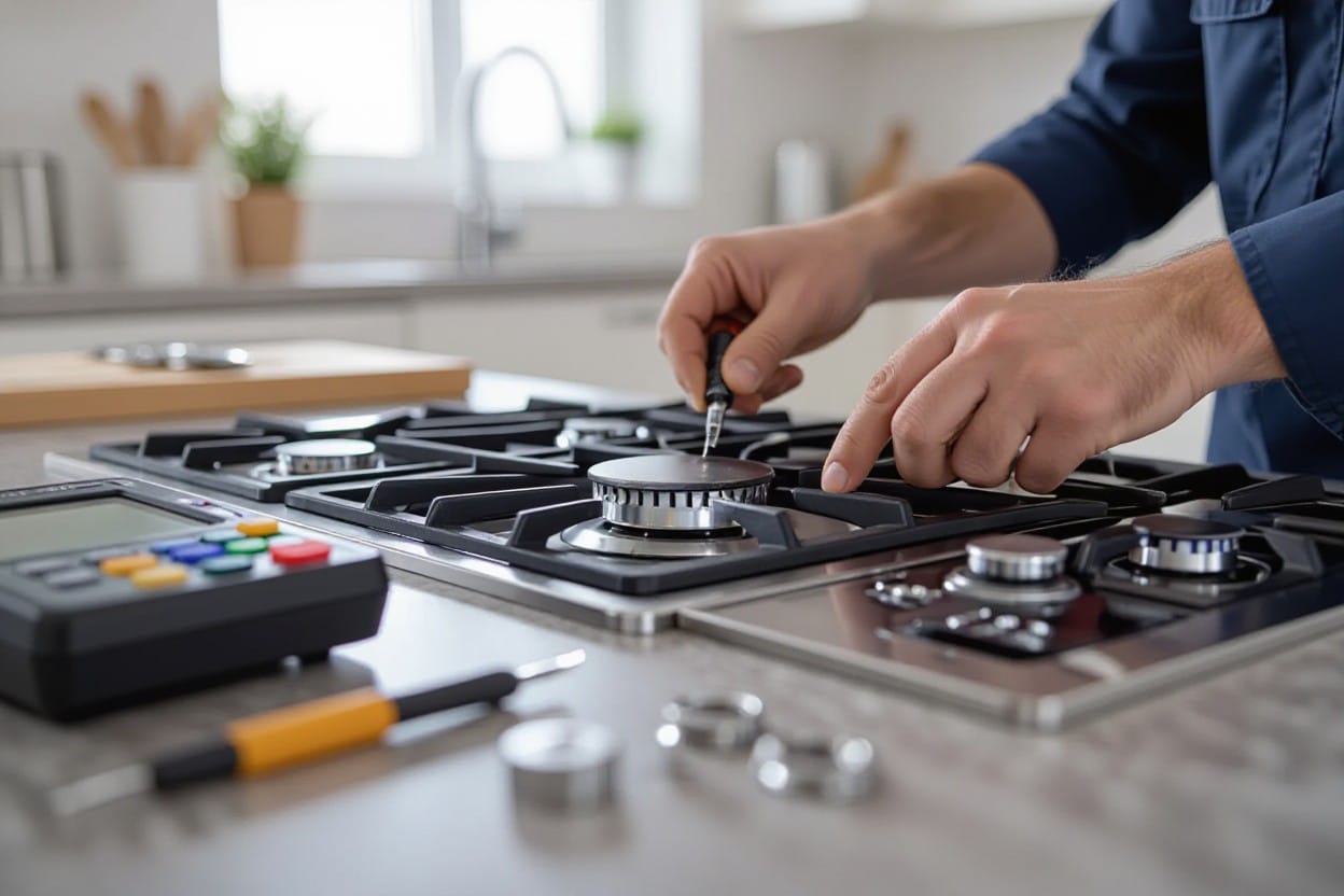 echnician performing Thermador cooktop repair with tools on kitchen counter, showcasing best Thermador cooktop repair service in Texas