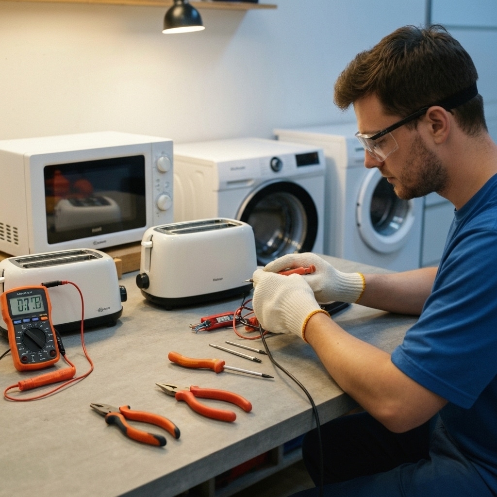 Home DIY electrical appliance repair with multimeter and tools on a workbench to save costs