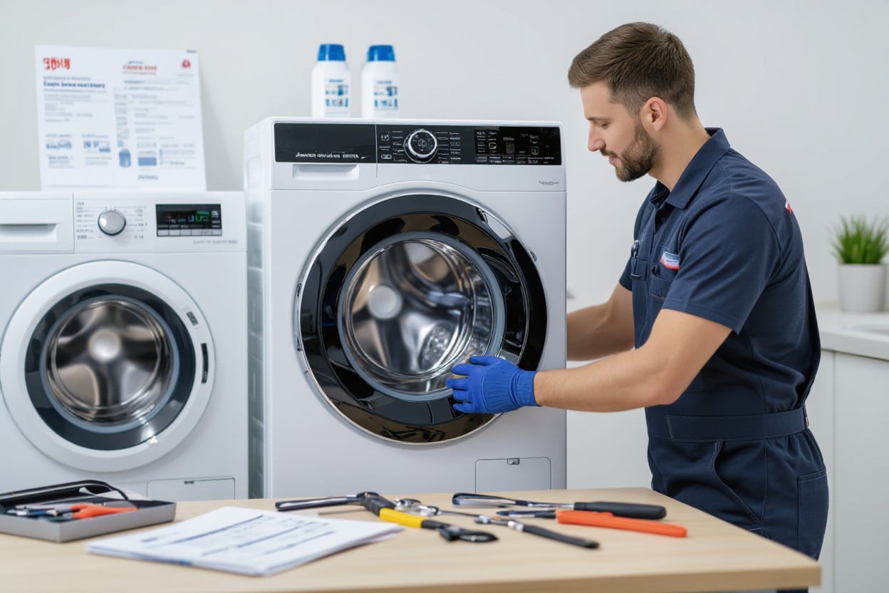 Technician performing appliance repair Texas on a washing machine with professional tools in a modern laundry room
