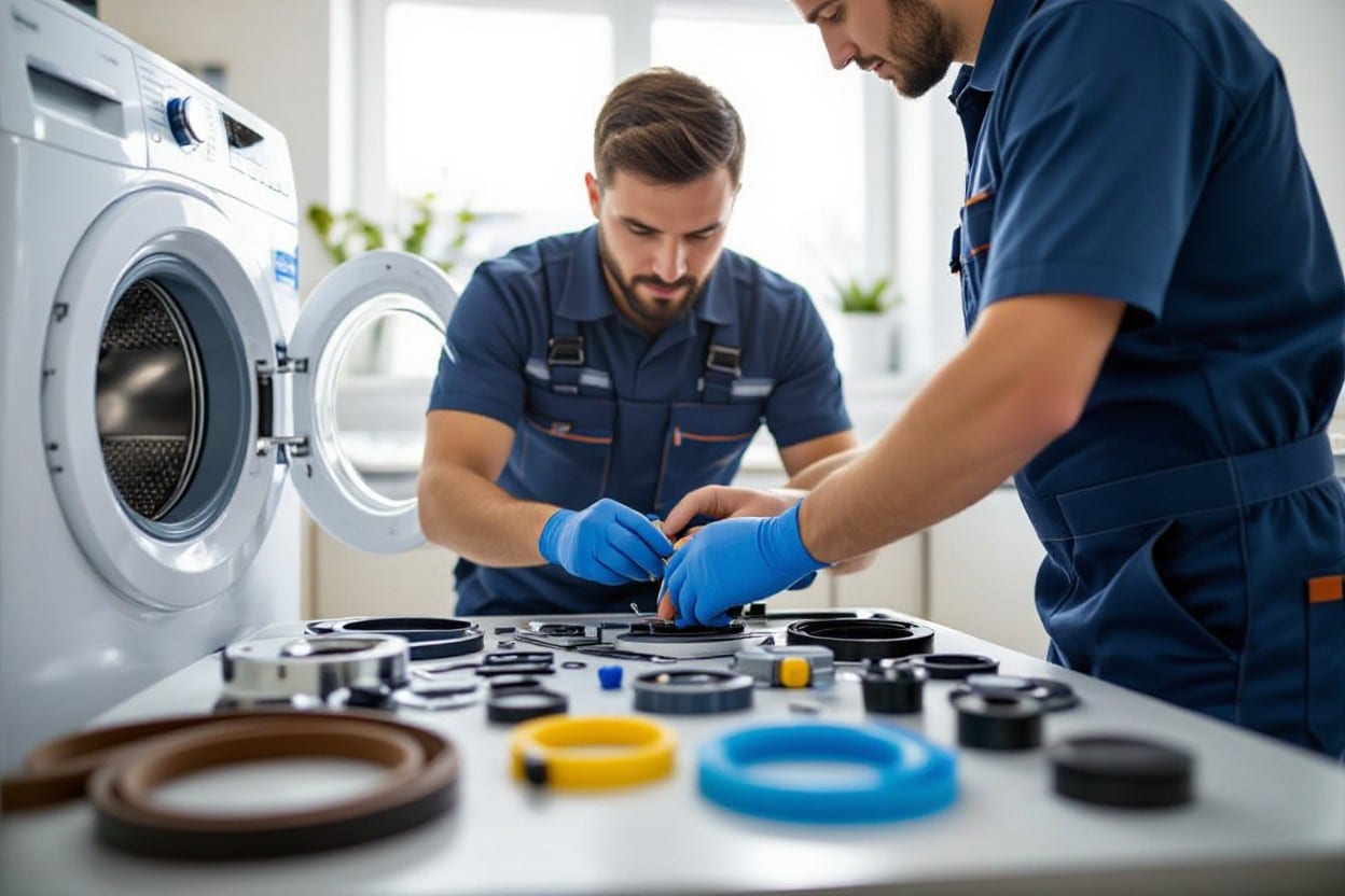 Technicians handling appliance repair parts to extend lifespan, highlighting professional appliance repair Texas services for long-lasting performance.