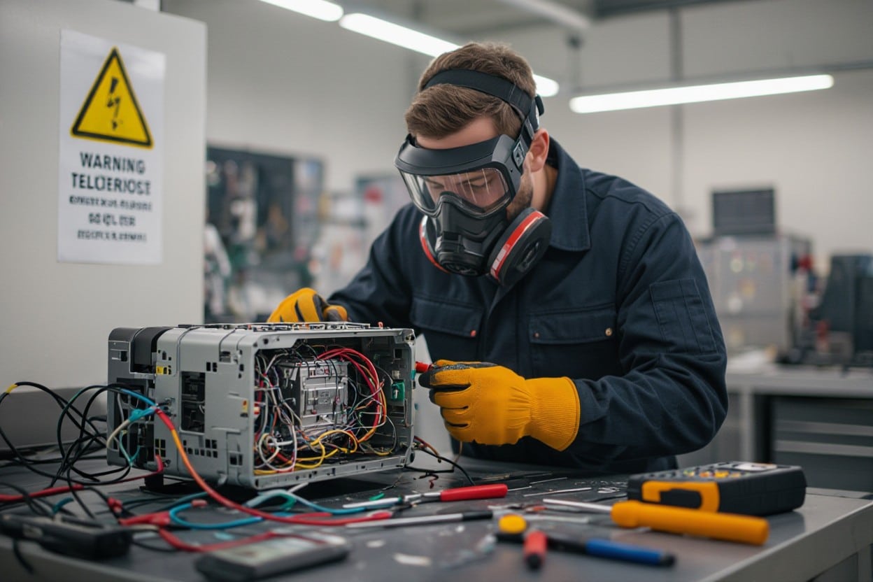 Technician attempting risky DIY appliance repair with protective gear, showing why professional appliance repair Texas services are safer and more reliable.