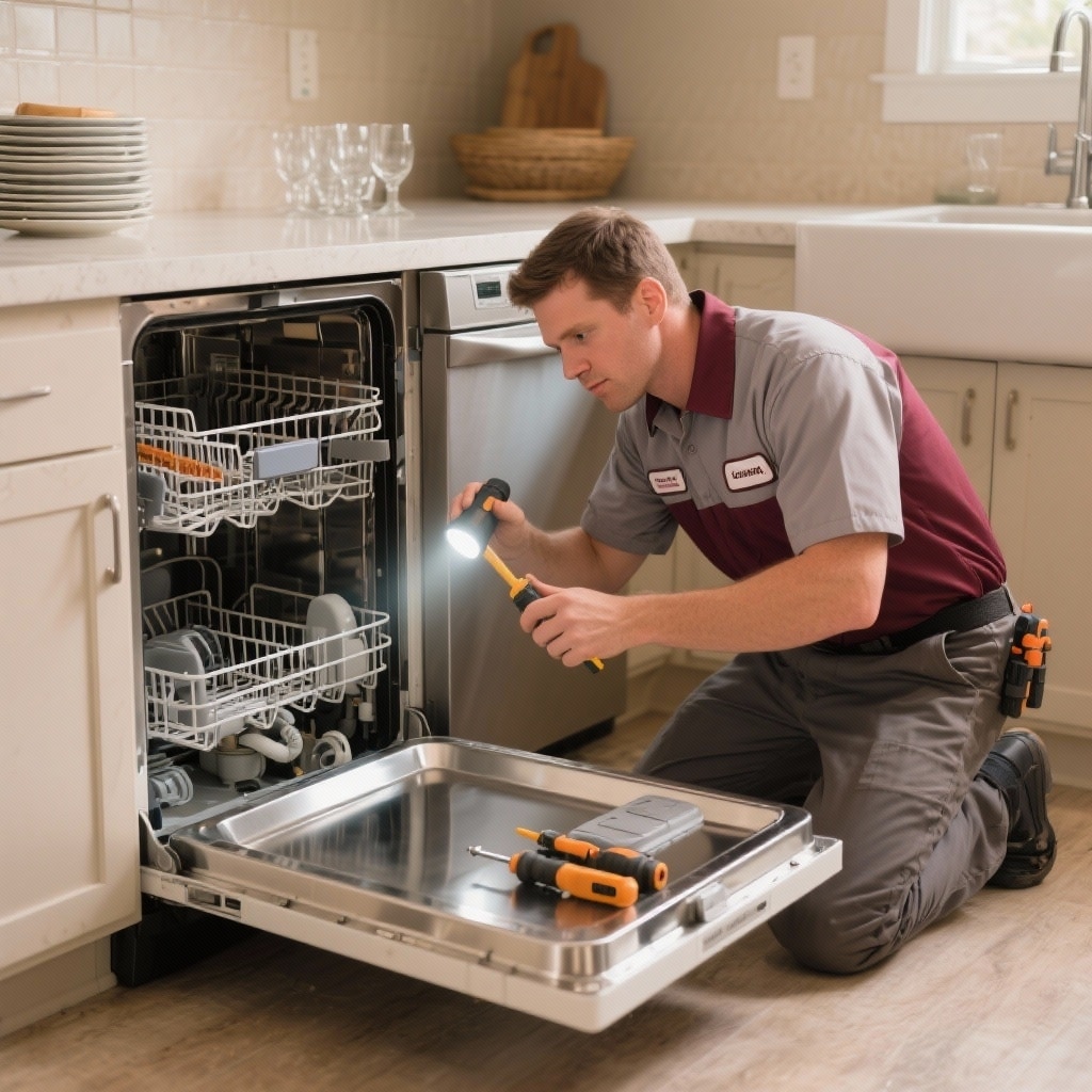 Professional appliance repair technician fixing a stainless steel dishwasher in a McKinney TX home kitchen, inspecting drain pump for same-day repair.