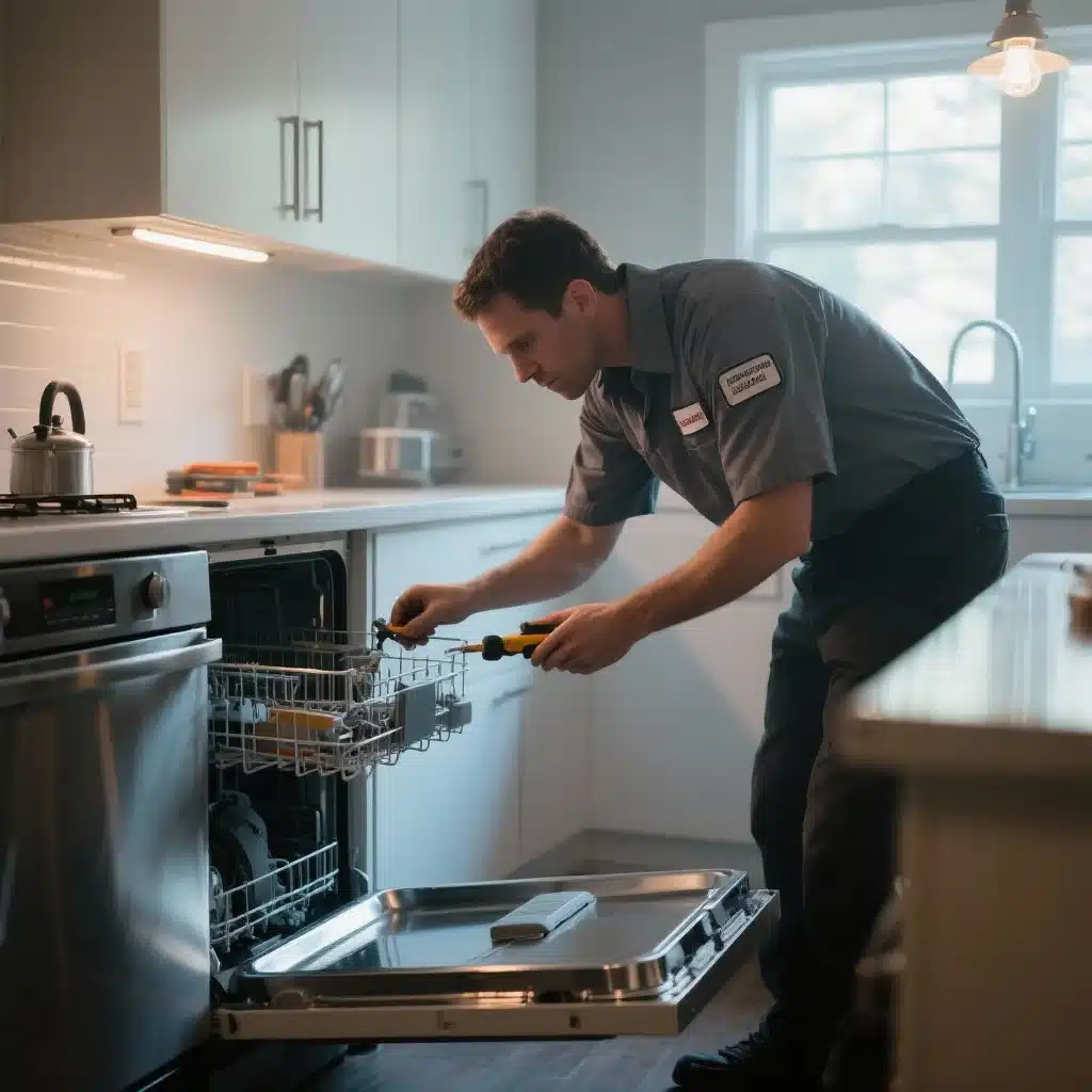 Licensed technician repairing dishwasher in modern kitchen in McKinney TX