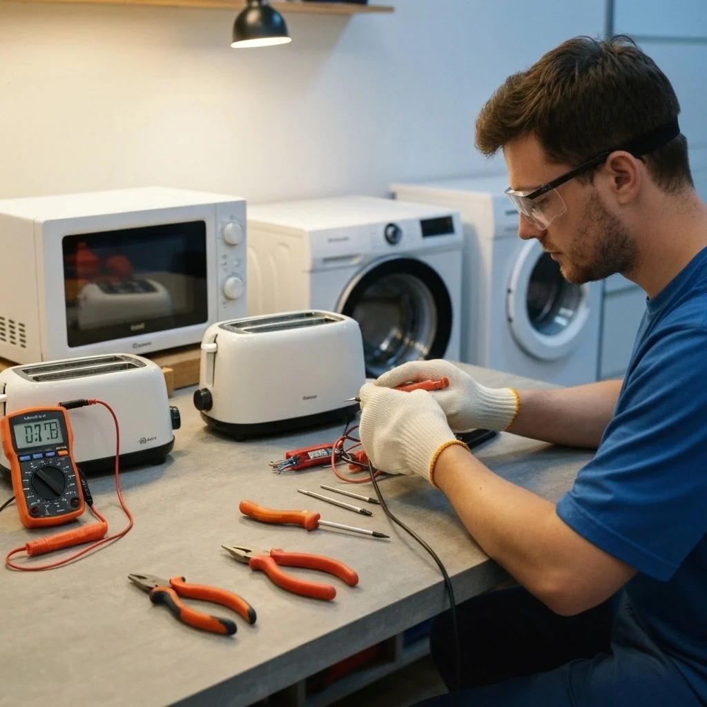 Home DIY electrical appliance repair with multimeter and tools on a workbench to save costs