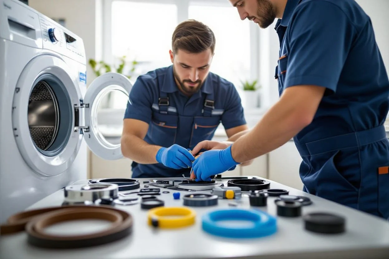 Technicians handling appliance repair parts to extend lifespan, highlighting professional appliance repair Texas services for long-lasting performance.